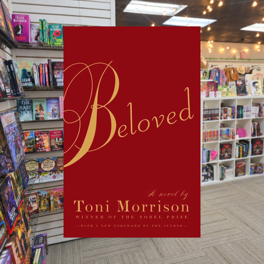 Beloved Trilogy #1: Beloved by Toni Morrison — actual cover on The Perk bookstore background