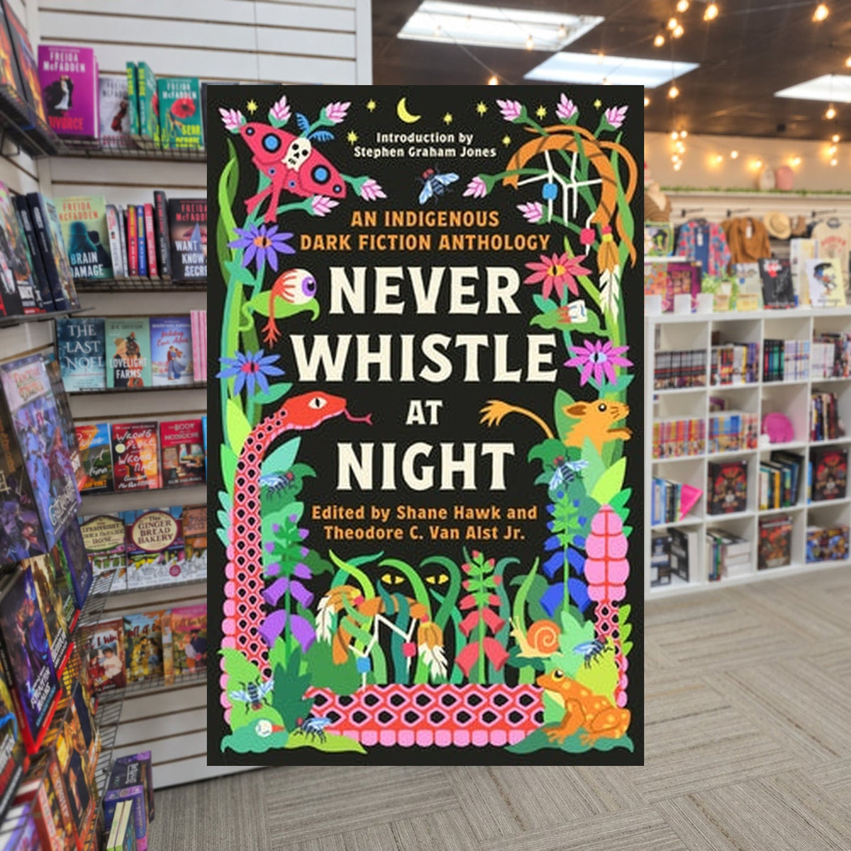 Never Whistle at Night: An Indigenous Dark Fiction Anthology by Shane Hawk — actual cover on The Perk bookstore background