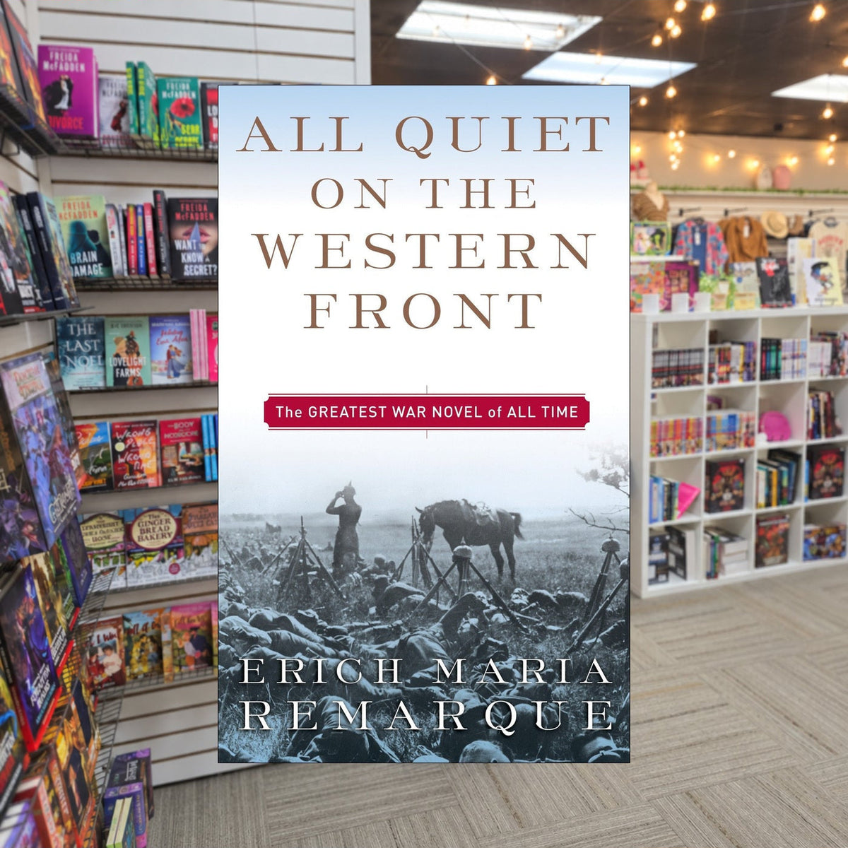 All Quiet on the Western Front by Erich Maria Remarque — actual cover on The Perk bookstore background