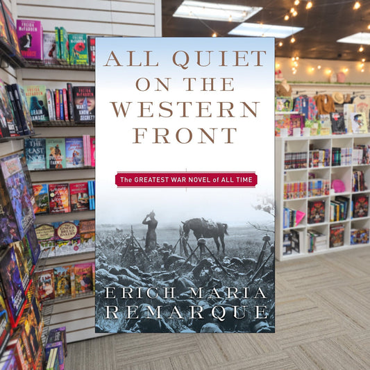 All Quiet on the Western Front by Erich Maria Remarque — actual cover on The Perk bookstore background