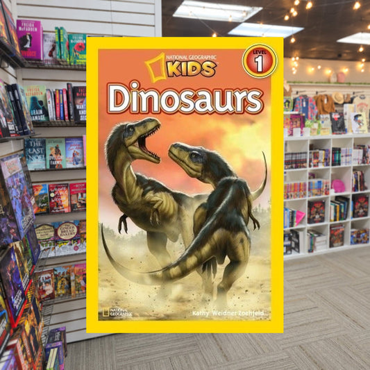 Dinosaurs by Kathleen Weidner Zoehfeld, National Geographic Kids — actual cover on The Perk bookstore background