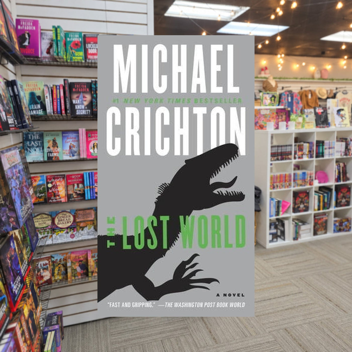 The Lost World by Michael Crichton — actual cover on The Perk bookstore background