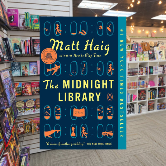 The Midnight Library by Matt Haig — actual cover on The Perk bookstore background