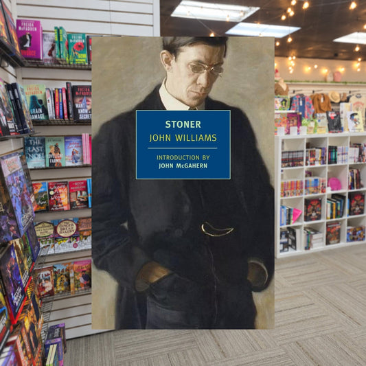 Stoner by John Williams — actual cover on The Perk bookstore background