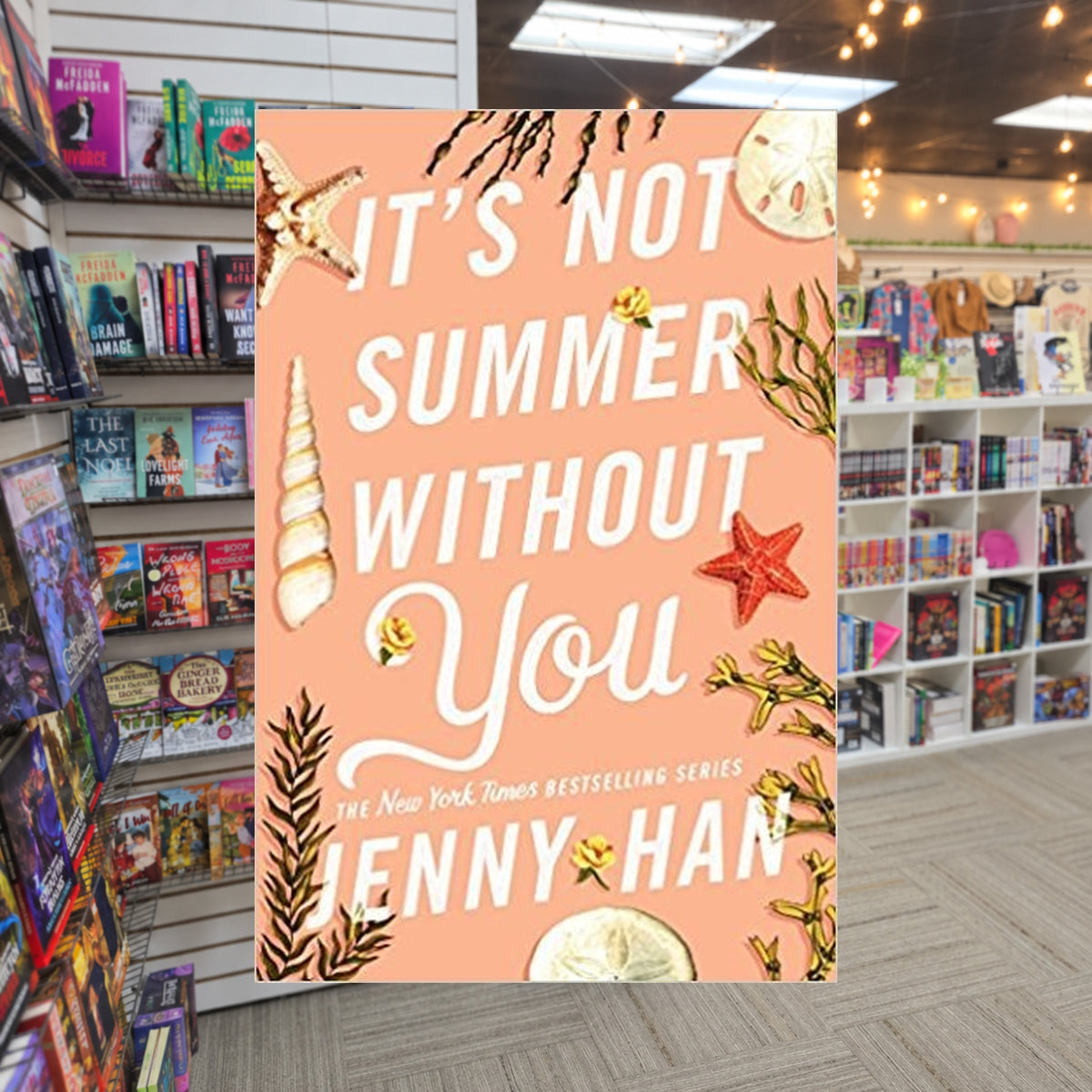 It's Not Summer Without You by Jenny Han — cover centered on The Perk bookstore background