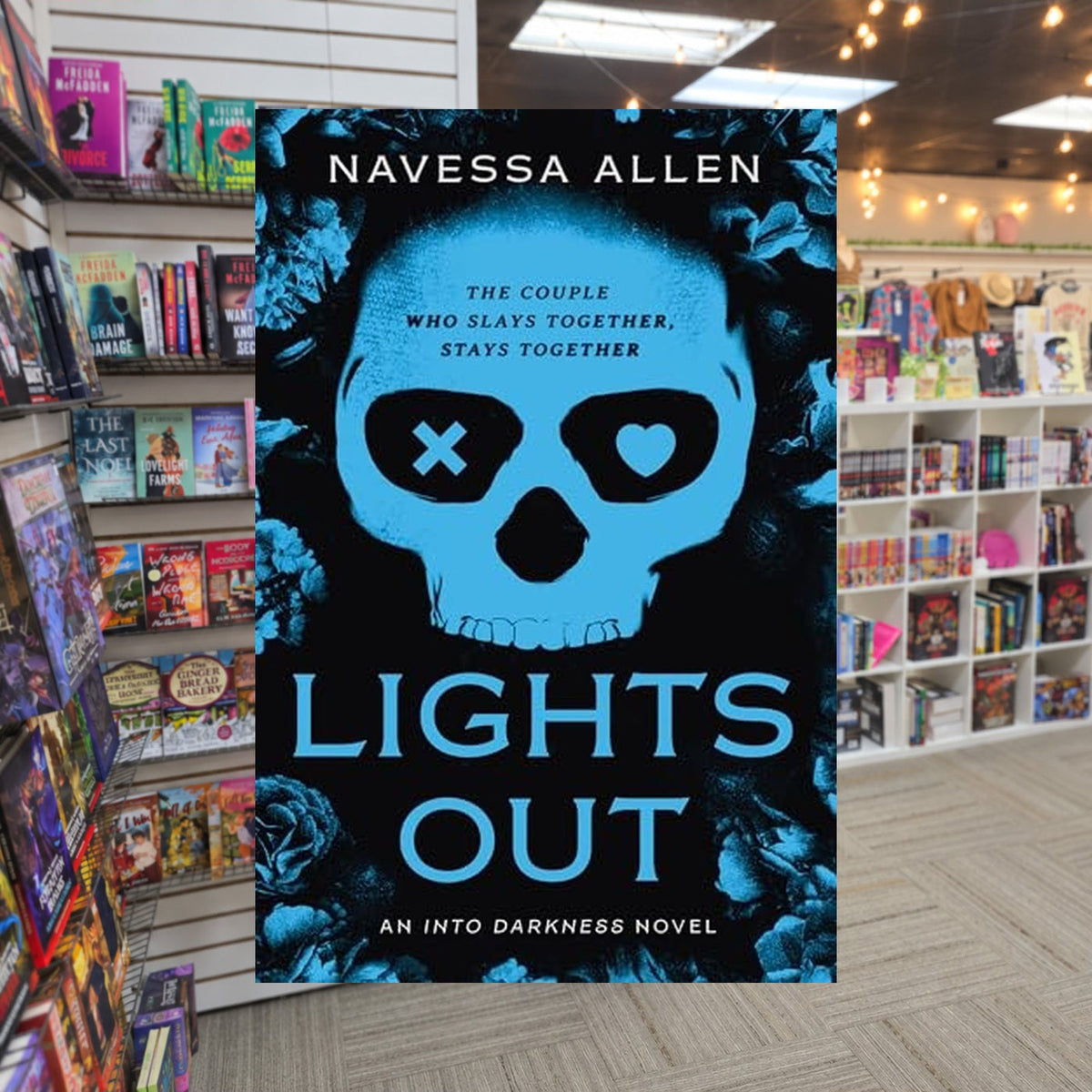 Lights Out by Navessa Allen — actual cover on The Perk bookstore background