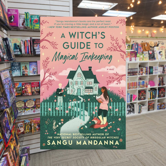 A Witch's Guide to Magical Innkeeping by Sangu Mandanna — actual cover on The Perk bookstore background