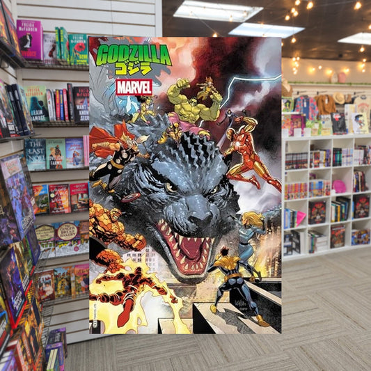 Godzilla vs. the Marvel Universe by Ryan North — actual cover on The Perk bookstore background