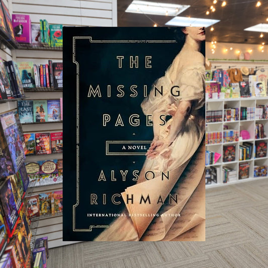 The Missing Pages by Alyson Richman — actual cover on The Perk bookstore background