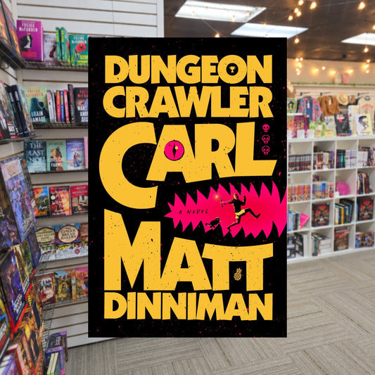 Dungeon Crawler Carl by Matt Dinniman — actual cover on The Perk bookstore background