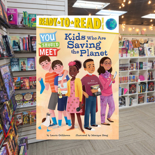 Kids Who Are Saving the Planet by Laurie Calkhoven, Monique Dong (Illustrations) — actual cover on The Perk bookstore background