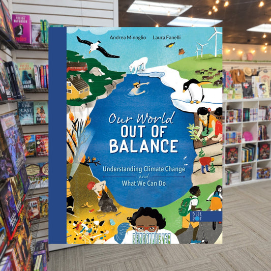 Our World Out Of Balance by Andrea Minoglio — actual cover on The Perk bookstore background