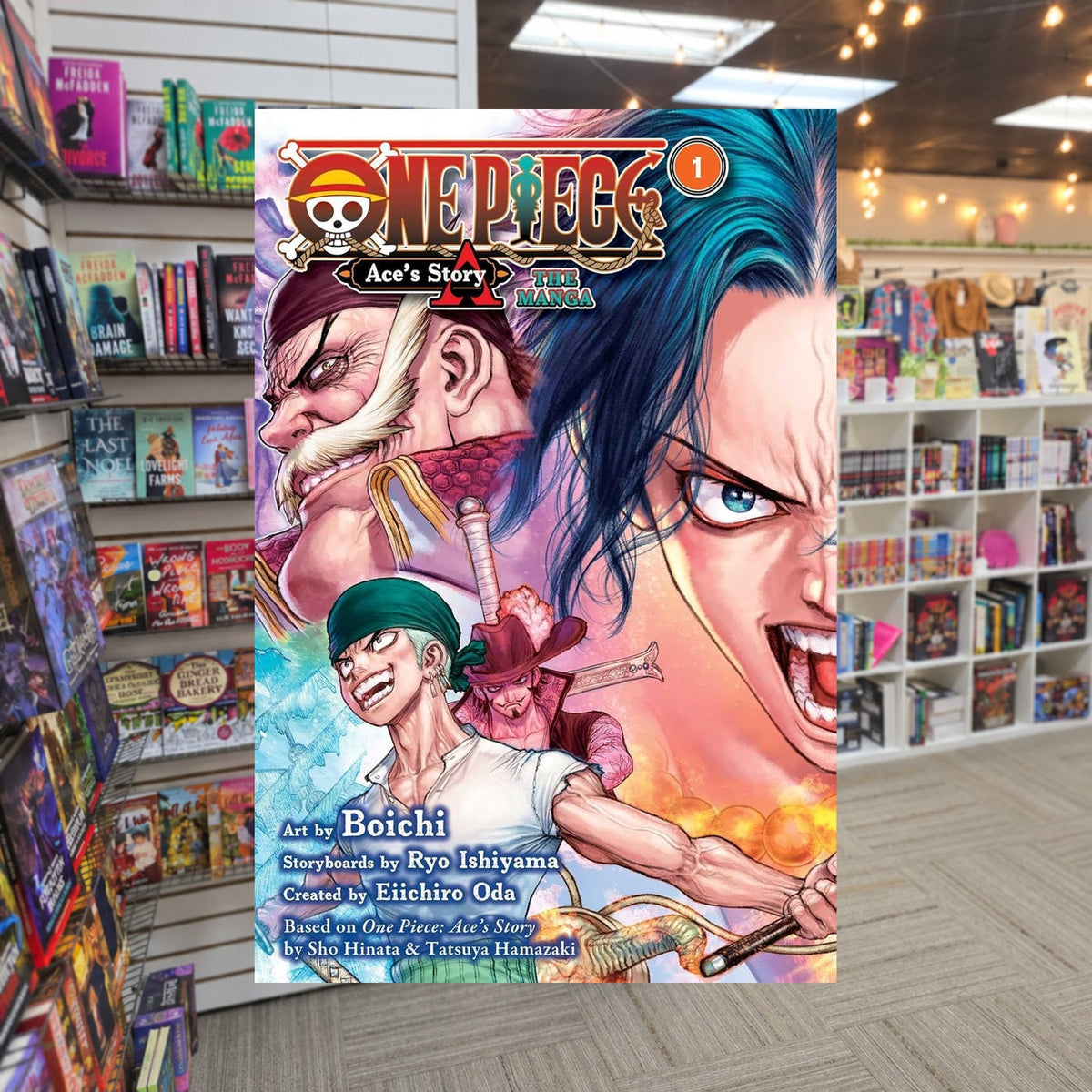 One Piece: Ace's Story — actual cover on The Perk bookstore background