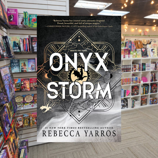 Onyx Storm by Rebecca Yarros — actual cover on The Perk bookstore background