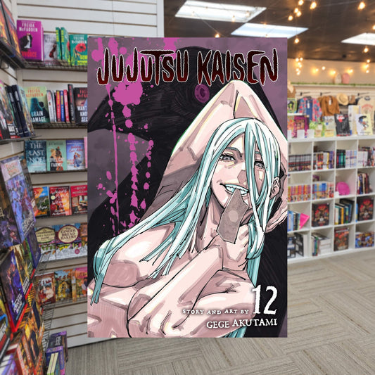Jujutsu Kaisen, Vol. 12 by Gege Akutami — actual cover on The Perk bookstore background