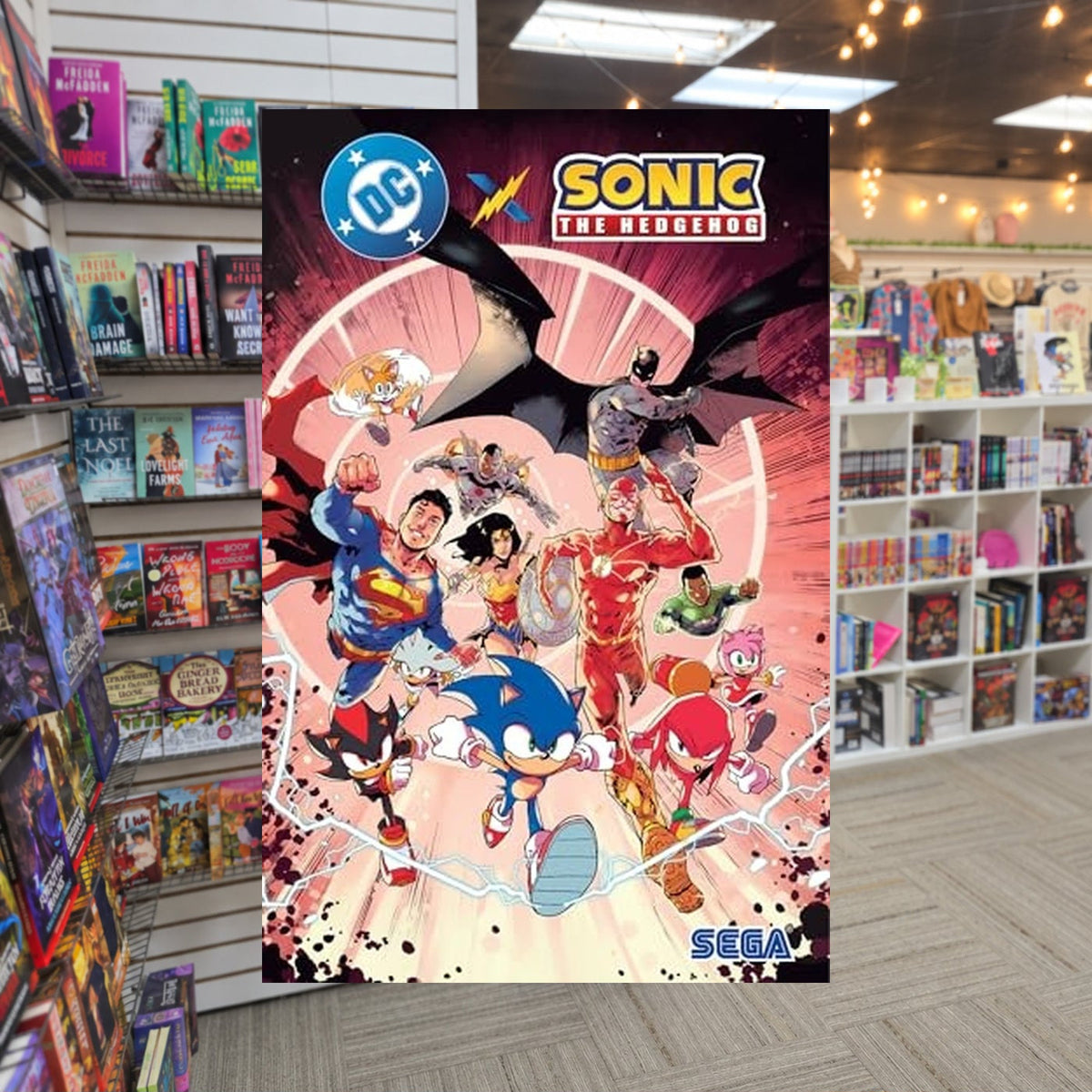 DC X SONIC THE HEDGEHOG by Ian Flynn — actual cover on The Perk bookstore background