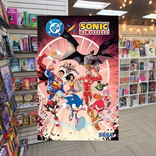 DC X SONIC THE HEDGEHOG by Ian Flynn — actual cover on The Perk bookstore background