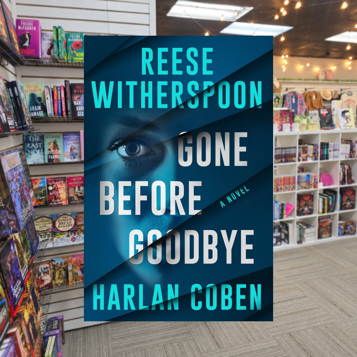 Gone Before Goodbye by Reese Witherspoon — actual cover on The Perk bookstore background