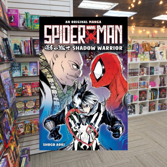 Spiderman Shadow Warrior by Shogo Aoki — actual cover on The Perk bookstore background