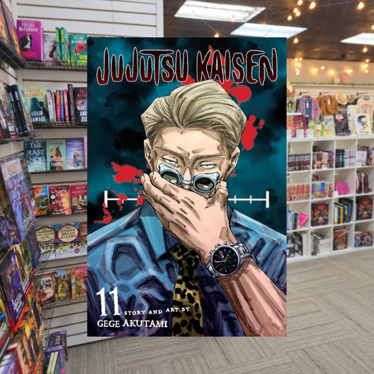Jujutsu Kaisen, Vol. 11 by Gege Akutami — actual cover on The Perk bookstore background