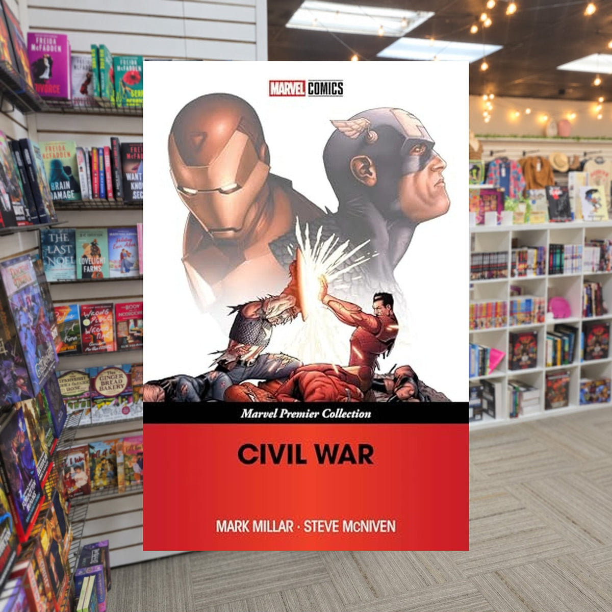 Civil War [Marvel Premier Collection] by Mark Millar — actual cover on The Perk bookstore background
