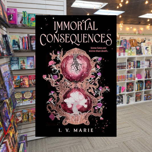 Immortal Consequences by I.V. Marie — actual cover on The Perk bookstore background