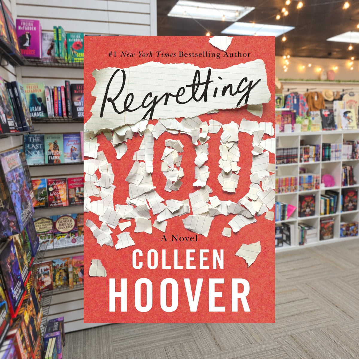 Regretting You by Colleen Hoover — actual cover on The Perk bookstore background