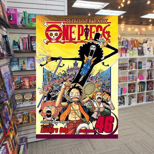 One Piece, Volume 46: Adventure on Ghost Island by Eiichiro Oda — actual cover on The Perk bookstore background