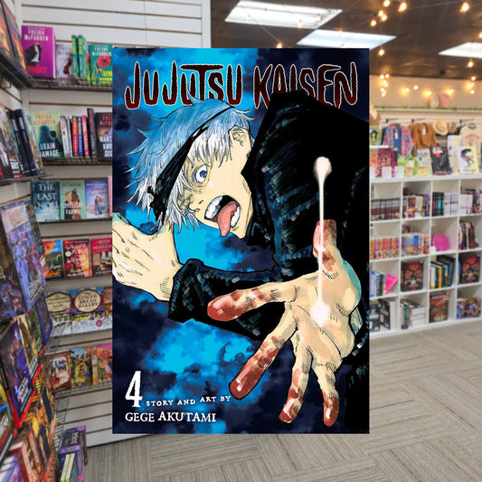 Jujutsu Kaisen, Vol. 4 by Gege Akutami — actual cover on The Perk bookstore background