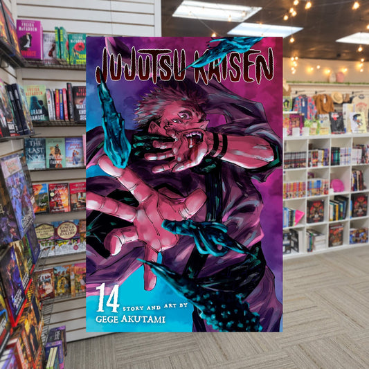 Jujutsu Kaisen, Vol. 14 by Gege Akutami — actual cover on The Perk bookstore background