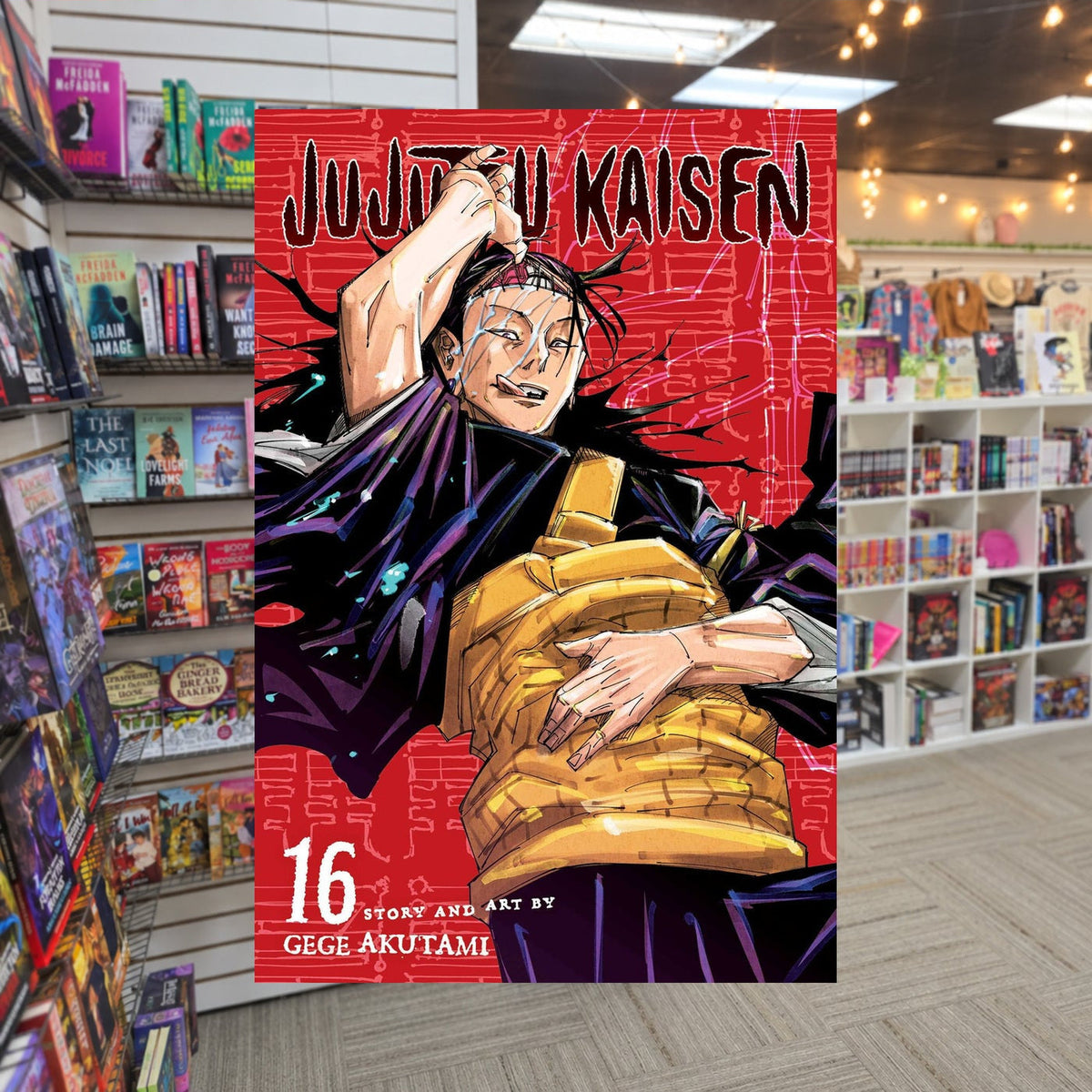 Jujutsu Kaisen, Vol. 16 by Gege Akutami — actual cover on The Perk bookstore background