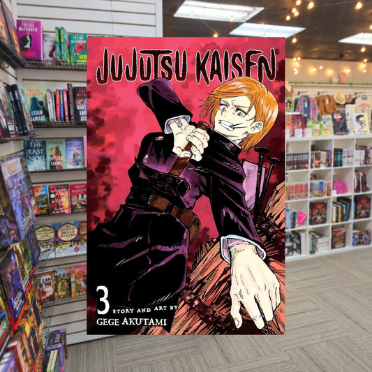 Jujutsu Kaisen, Vol. 3 by Gege Akutami — actual cover on The Perk bookstore background