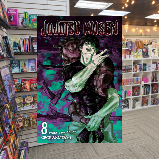 Jujutsu Kaisen, Vol. 8 by Gege Akutami — actual cover on The Perk bookstore background