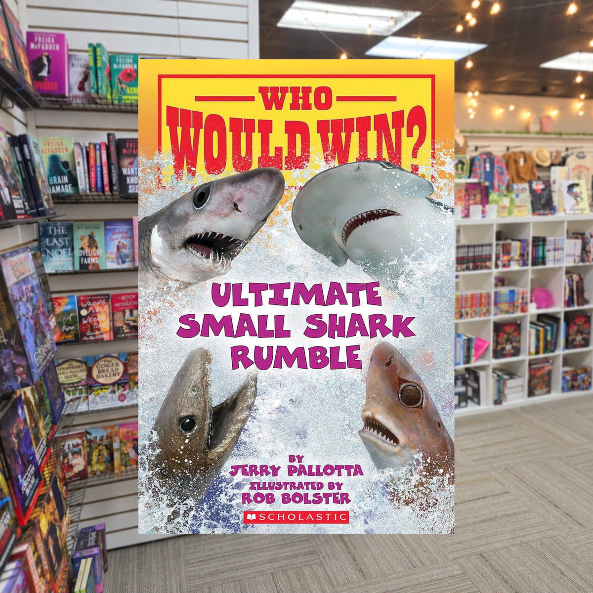 Who Would Win?: Ultimate Small Shark Rumble by Jerry Pallotta — actual cover on The Perk bookstore background