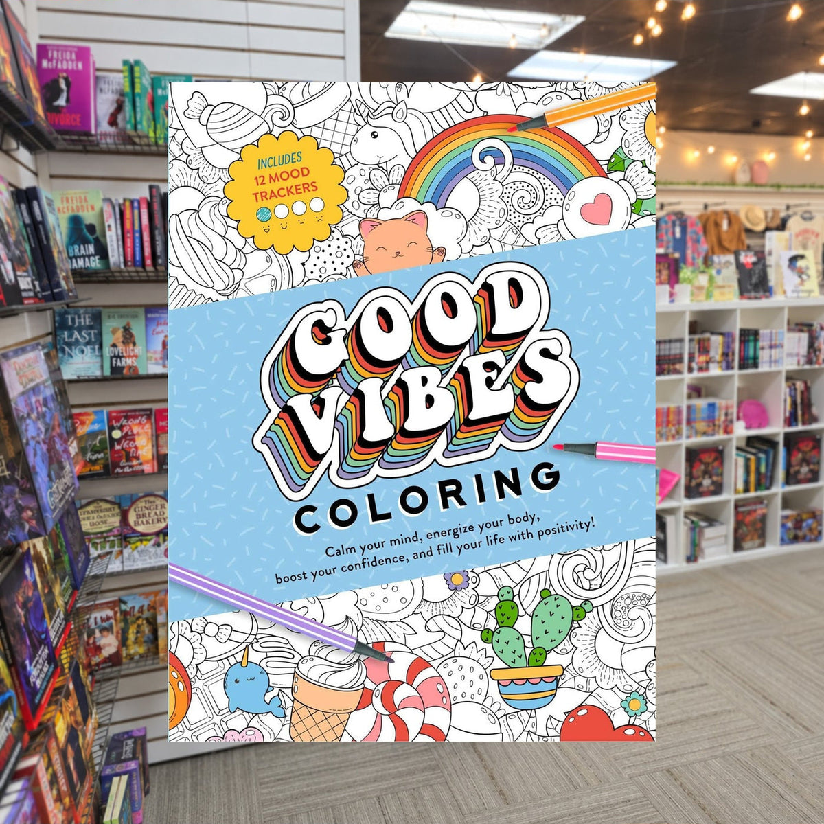 Good Vibes Coloring by Thunder Bay Press — actual cover on The Perk bookstore background