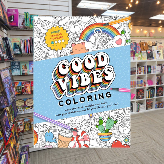 Good Vibes Coloring by Thunder Bay Press — actual cover on The Perk bookstore background