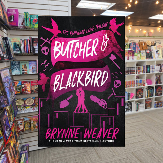 Butcher and Blackbird by Brynne Weaver — actual cover on The Perk bookstore background