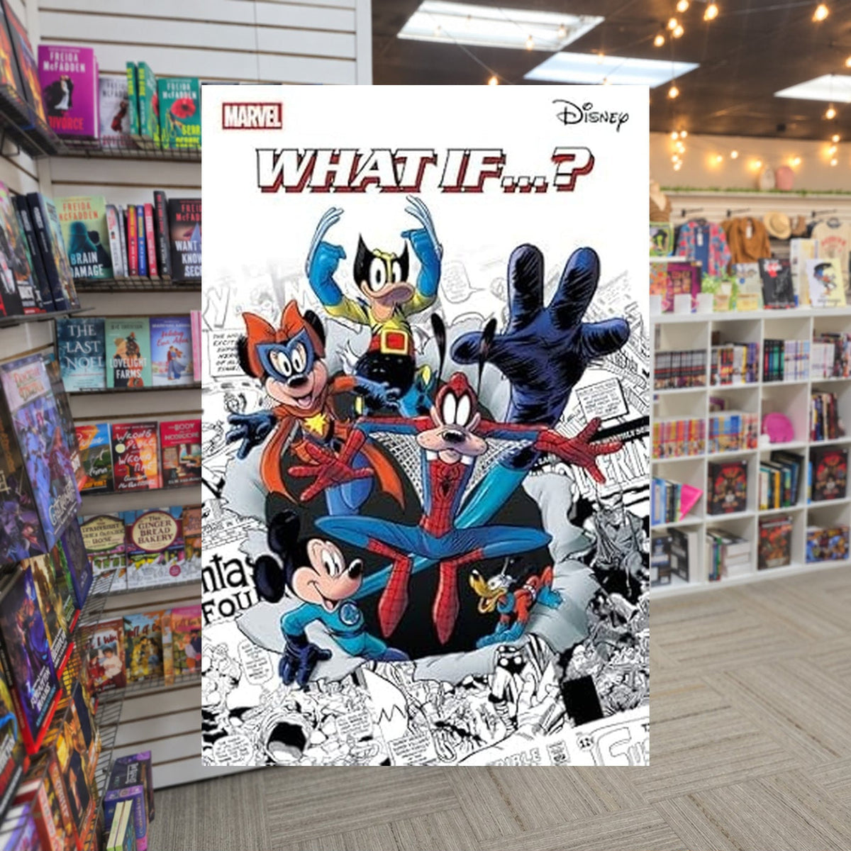 Marvel & Disney: What If...? — actual cover on The Perk bookstore background
