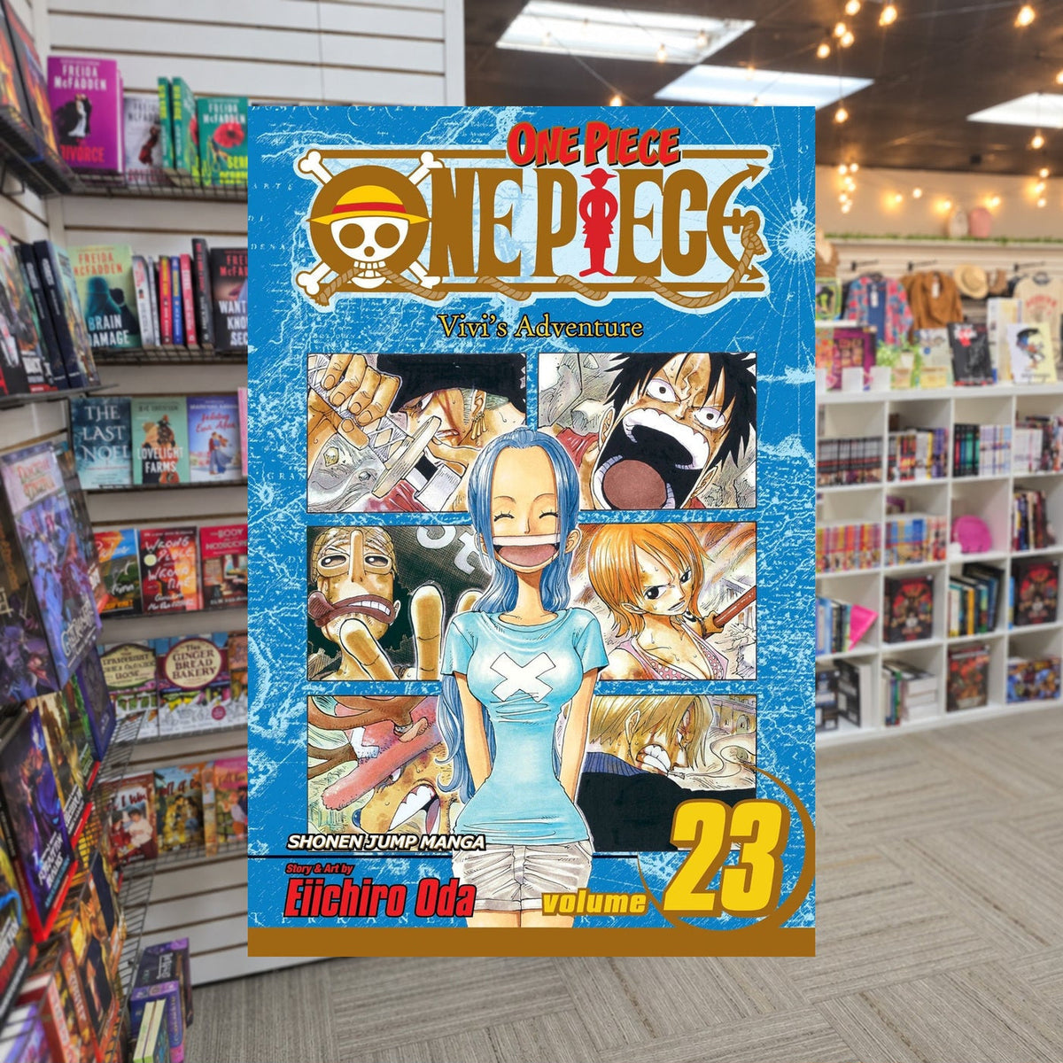 One Piece, Volume 23: Vivi's Adventure by Eiichiro Oda — actual cover on The Perk bookstore background
