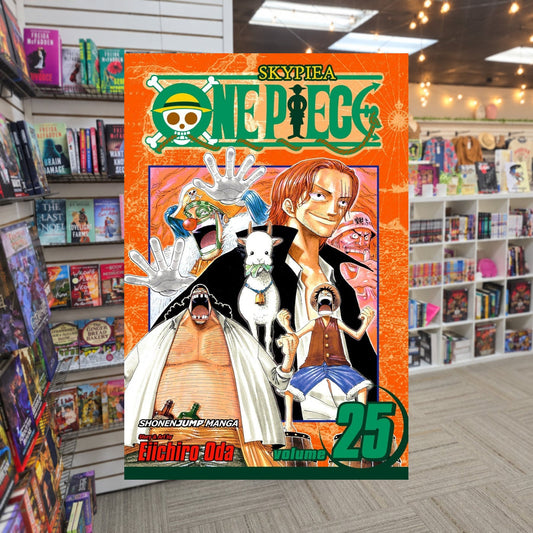 One Piece, Volume 25: The 100 Million Berry Man by Eiichiro Oda — actual cover on The Perk bookstore background
