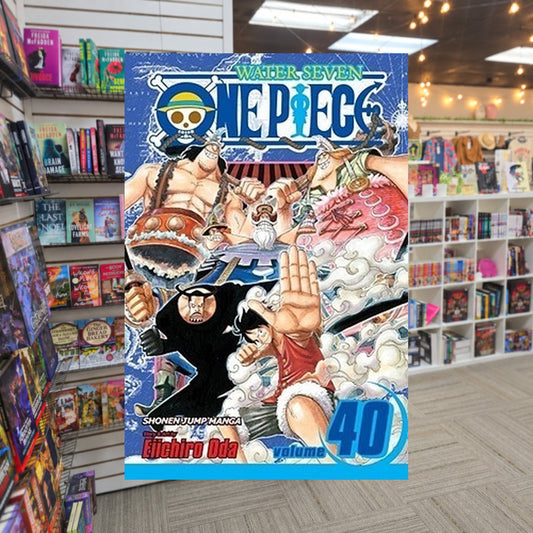 One Piece, Volume 40: Gear by Eiichiro Oda — actual cover on The Perk bookstore background