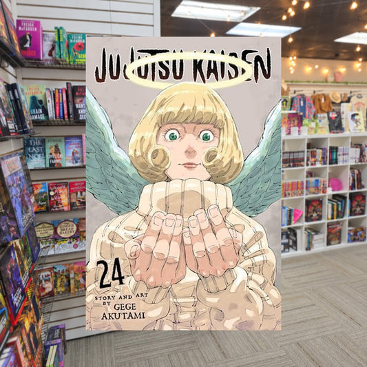 Jujutsu Kaisen, Vol. 24 by Gege Akutami — actual cover on The Perk bookstore background