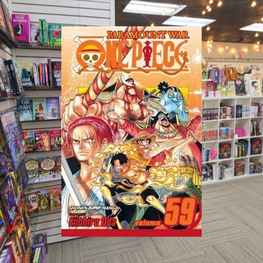 One Piece, Volume 59: The Death of Portgaz D. Ace by Eiichiro Oda — actual cover on The Perk bookstore background