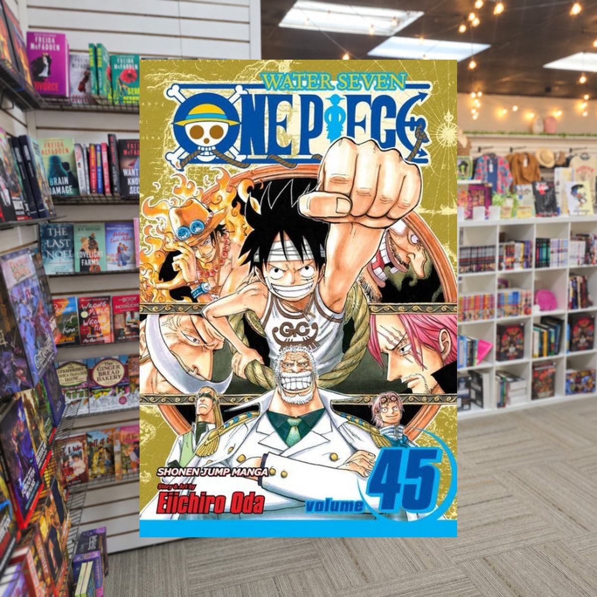 One Piece, Volume 45: You Have My Sympathies by Eiichiro Oda — actual cover on The Perk bookstore background