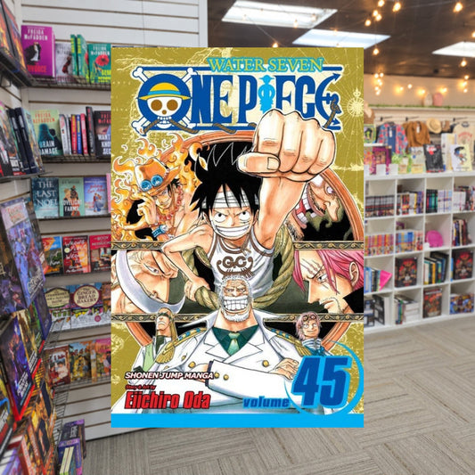 One Piece, Volume 45: You Have My Sympathies by Eiichiro Oda — actual cover on The Perk bookstore background
