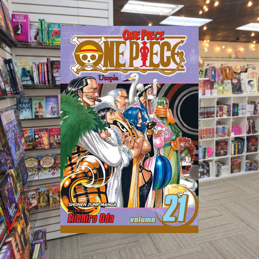 One Piece, Volume 21: Utopia by Eiichiro Oda — actual cover on The Perk bookstore background