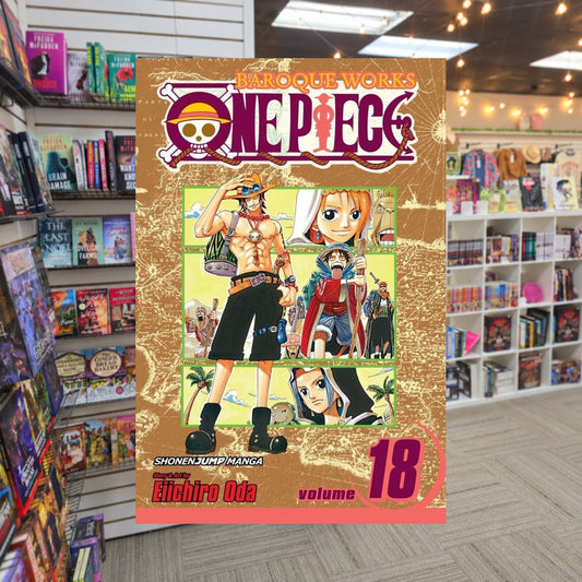 One Piece, Volume 18: Ace Arrives by Eiichiro Oda — actual cover on The Perk bookstore background