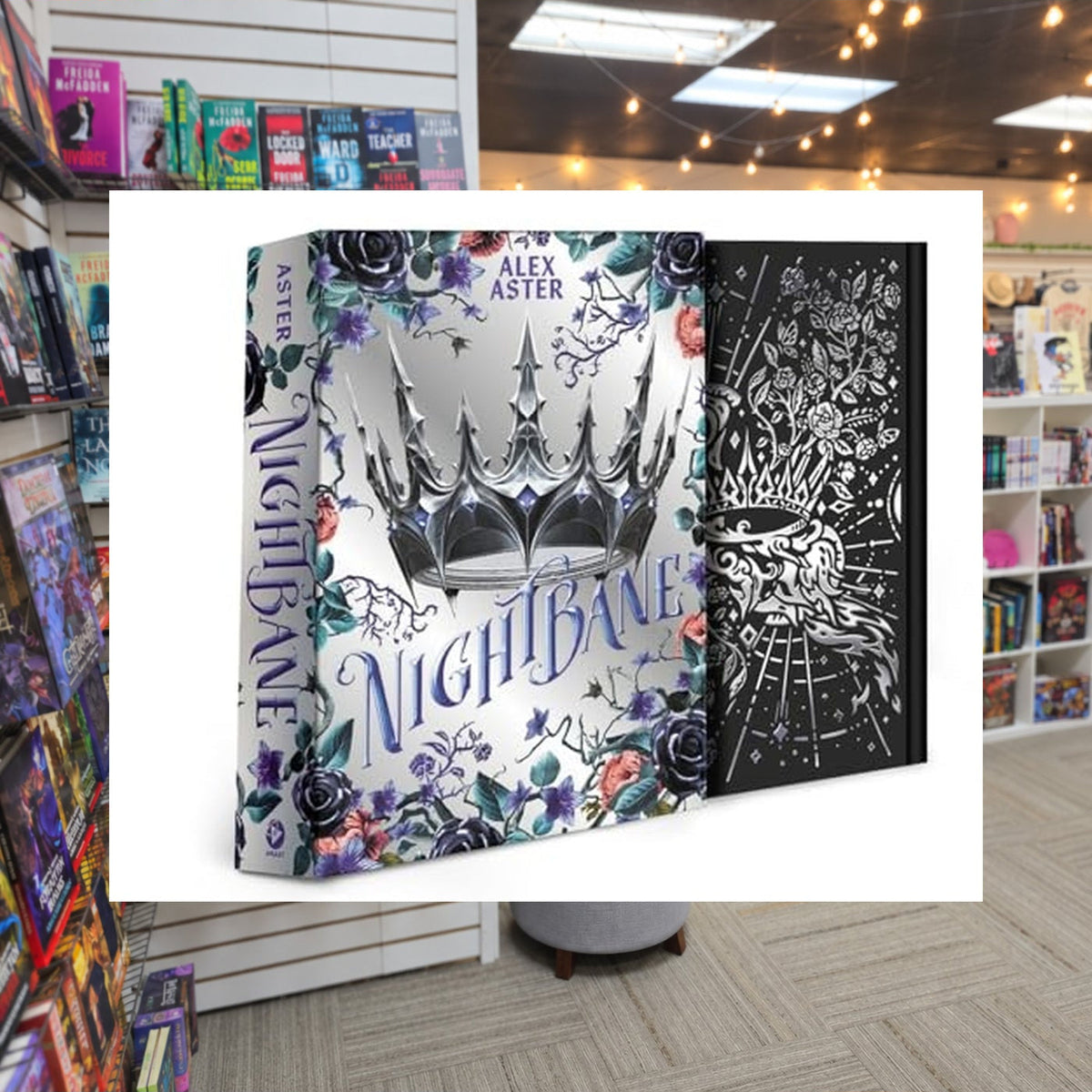 Nightbane: Collector's Edition (The Lightlark Saga Book 2) by Alex Aster — actual cover on The Perk bookstore background