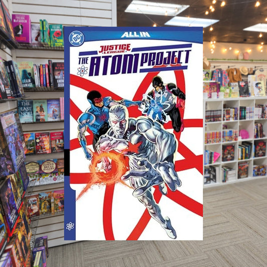 Justice League: The Atom Project by John Ridley — actual cover on The Perk bookstore background