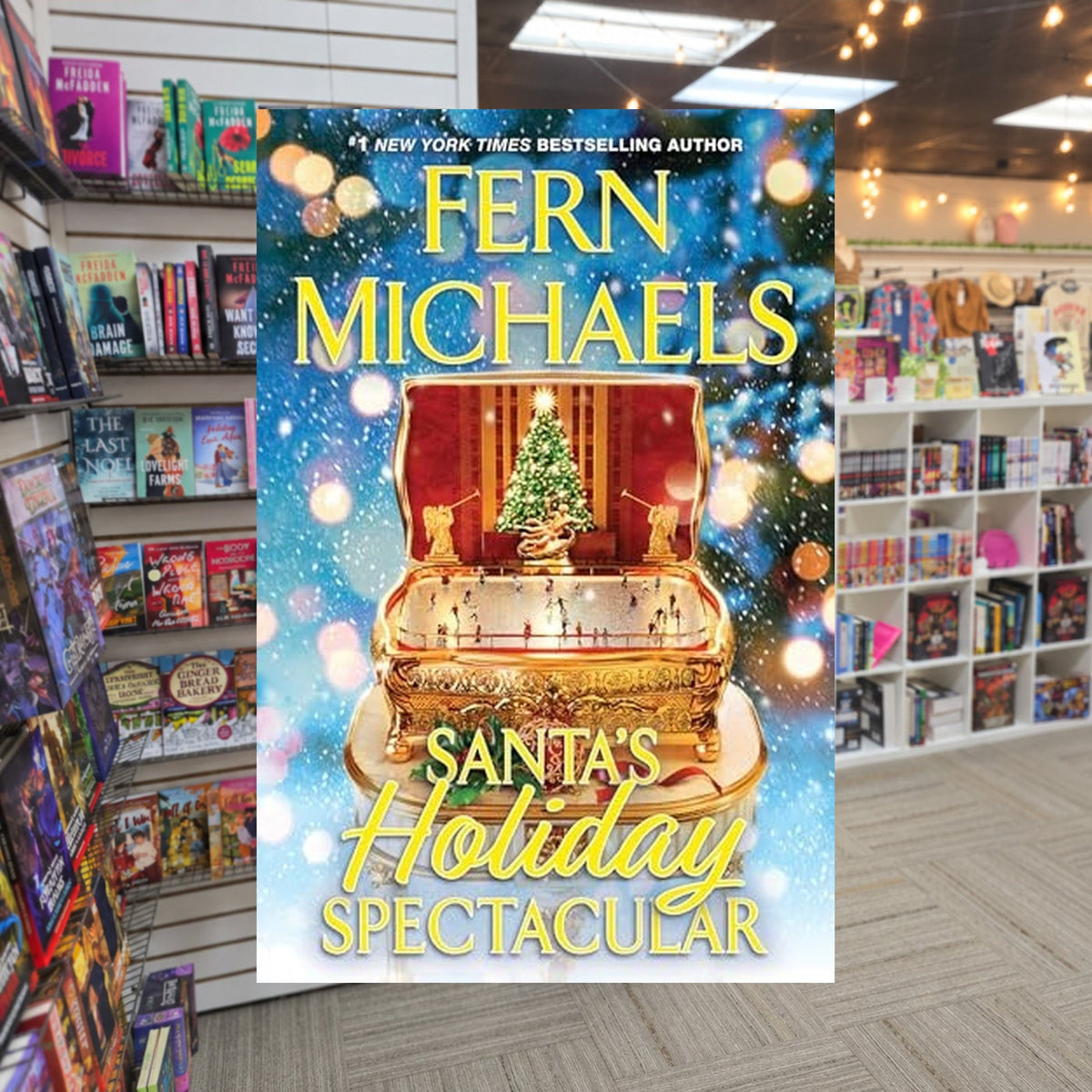 Santa's Holiday Spectacular by Fern Michaels — actual cover on The Perk bookstore background